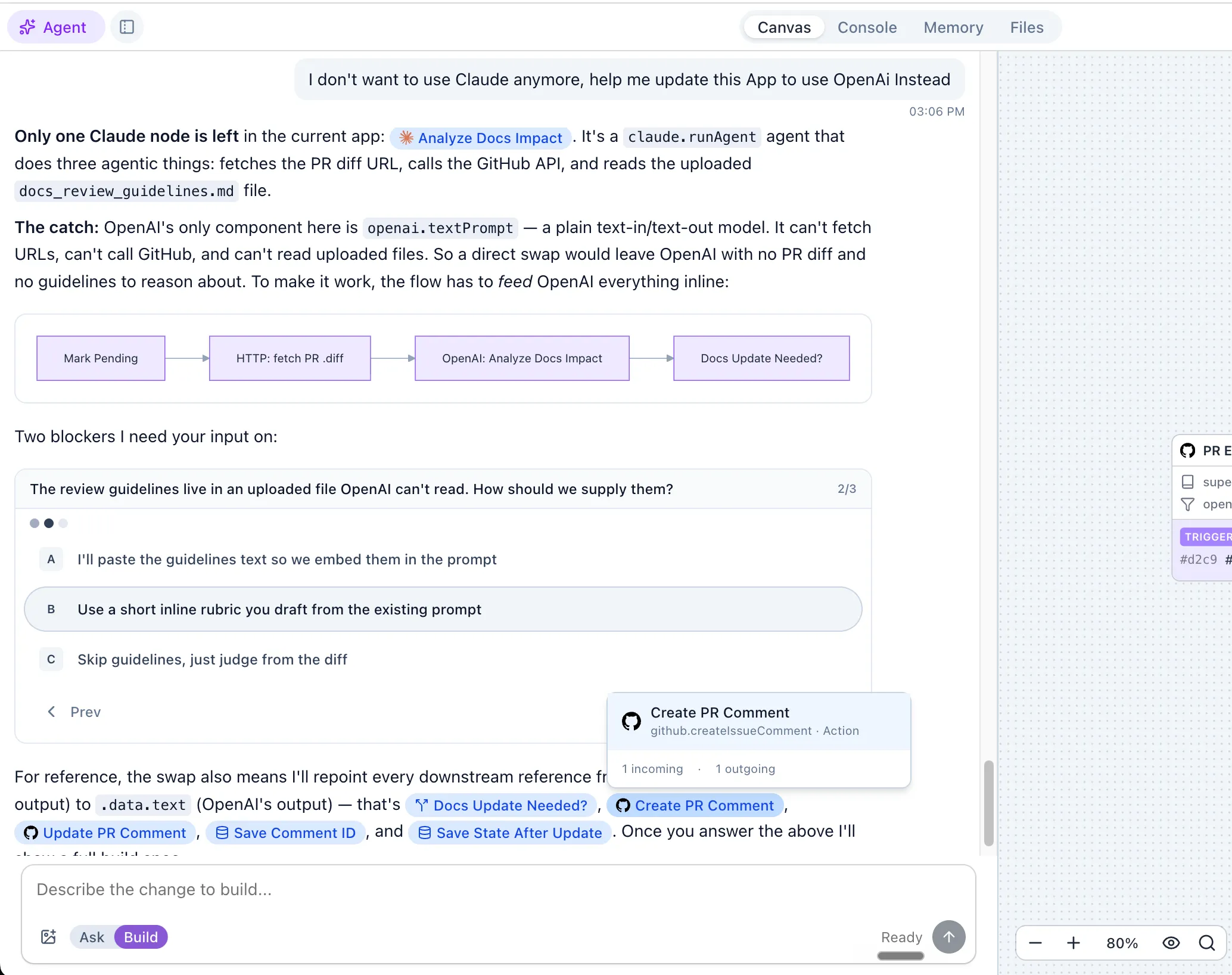 Agent in Build mode — swapping Claude for OpenAI with a rubric