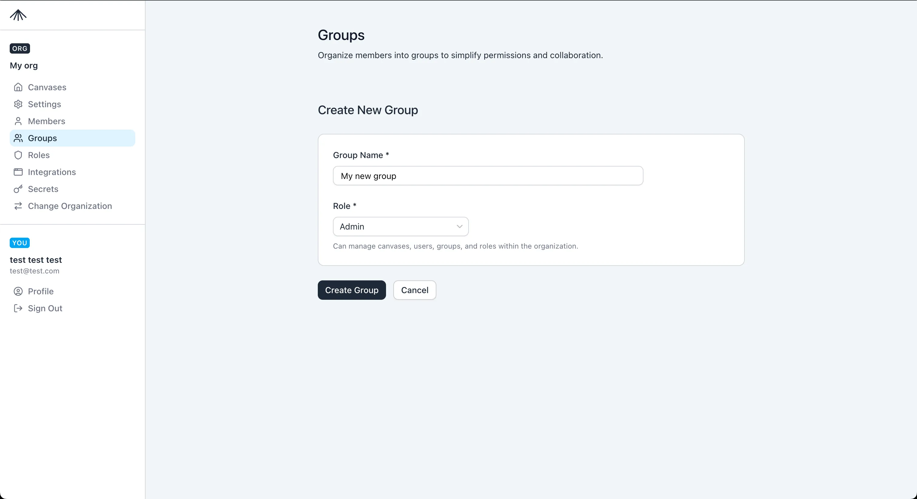 Groups creation page