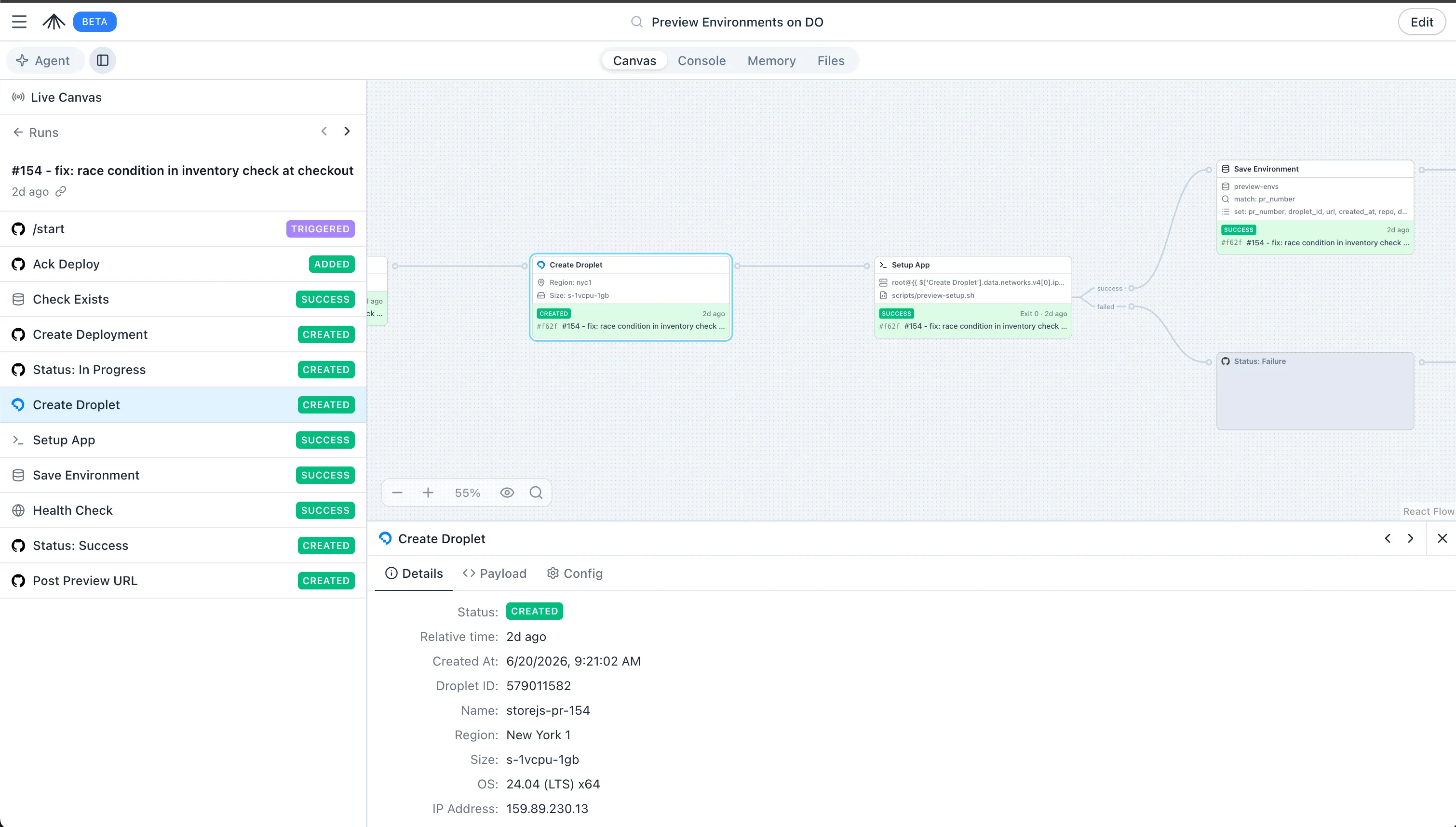 Run chain view showing end-to-end workflow execution history